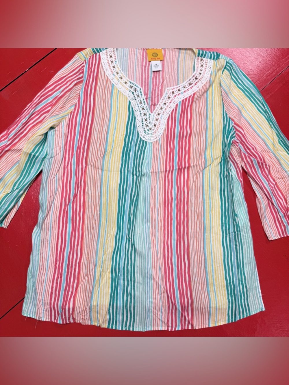 RUBY RD STIPED V NECK CROTCHET 3/4 SLEEVES RED YELLOW GREEN ORANGE